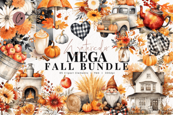 85 Watercolor Mega Fall Bundle Clipart