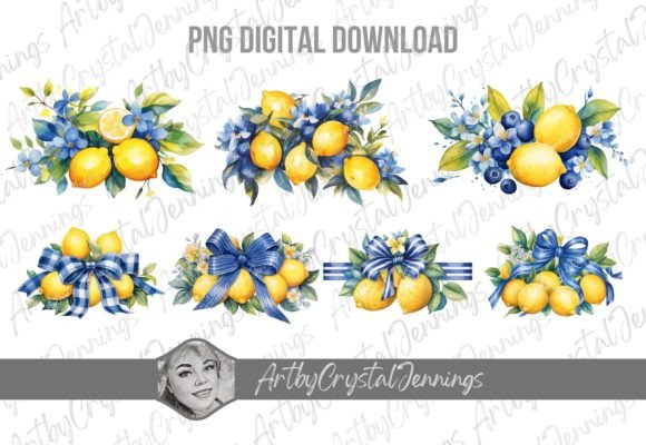 Blue Floral Lemon Watercolor PNG for Illustrations