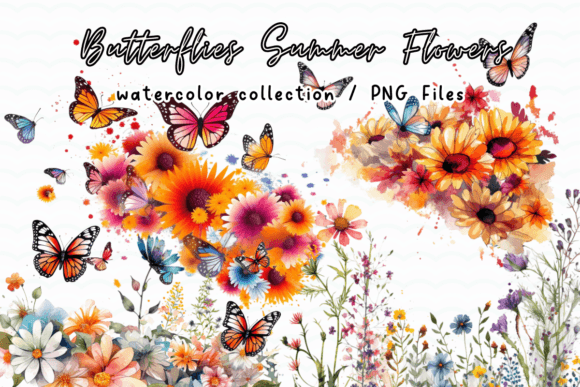 Butterflies Summer Flowers Watercolor Illustrations