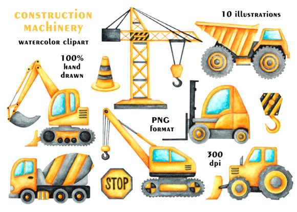 Construction Vehicles Watercolor Clipart Illustrations