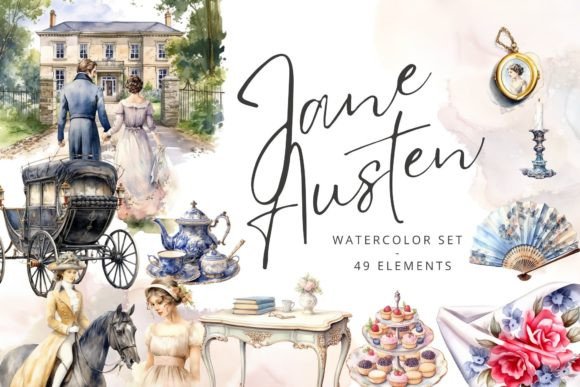 Jane Austen Watercolor Clipart: Editorial Illustrations