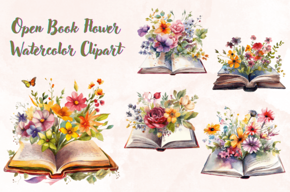 Open Book Flower Watercolor Clipart in Illustrations
