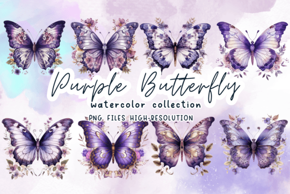 Purple Butterfly Watercolor Clipart for Illustrations