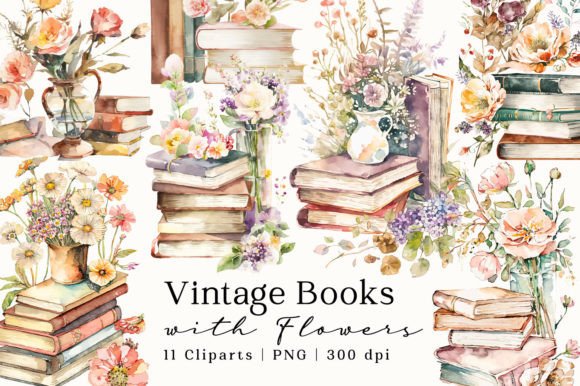 Vintage Books Flowers Watercolor Clipart Illustrations
