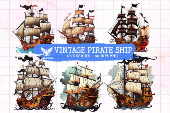 Vintage Pirate Ship Watercolor Clipart Illustrations