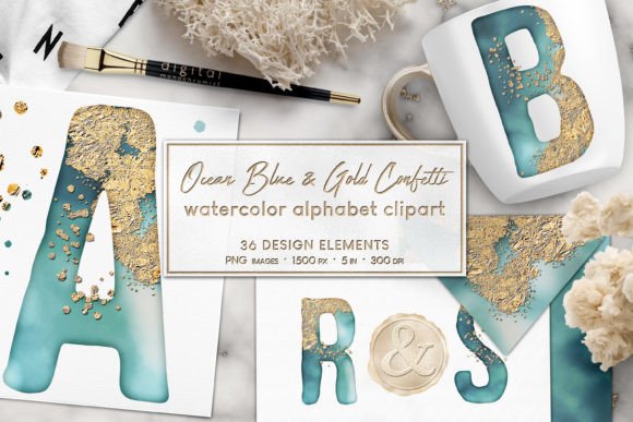 Watercolor Alphabet Clipart Blue Gold Illustrations