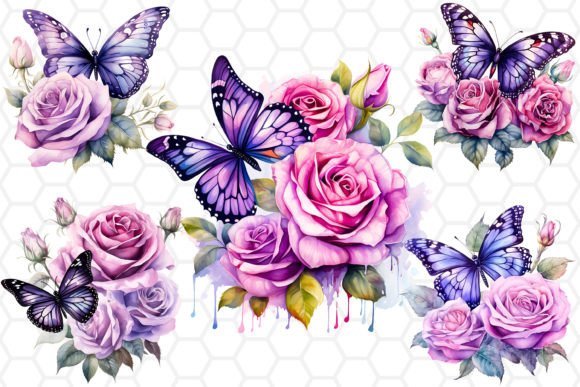 Watercolor Butterfly and Rose Cliparts