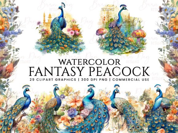 Watercolor Fantasy Peacock Clipart for Crafting & Illustrations