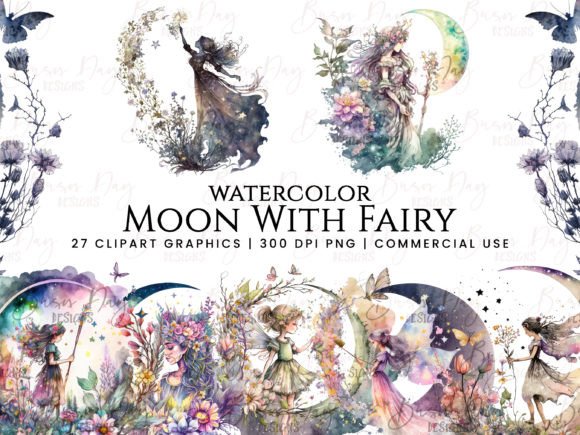 Watercolor Moon with Fairy Clipart: A Dreamy Illustration for Crafters and Etsy Sellers