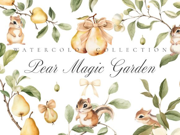Watercolor Pear Garden Chipmunk Cute Set – A Fresh Illustration Bundle for Whimsical Branding