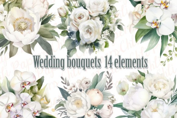 Wedding Bouquet Watercolor White Flowers Illustrations for Digital Sellers
